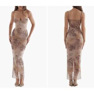 Bodycon Maxi Dress Womens L Cream Floral Mesh Lace Up Y2K Prom Wedding Party